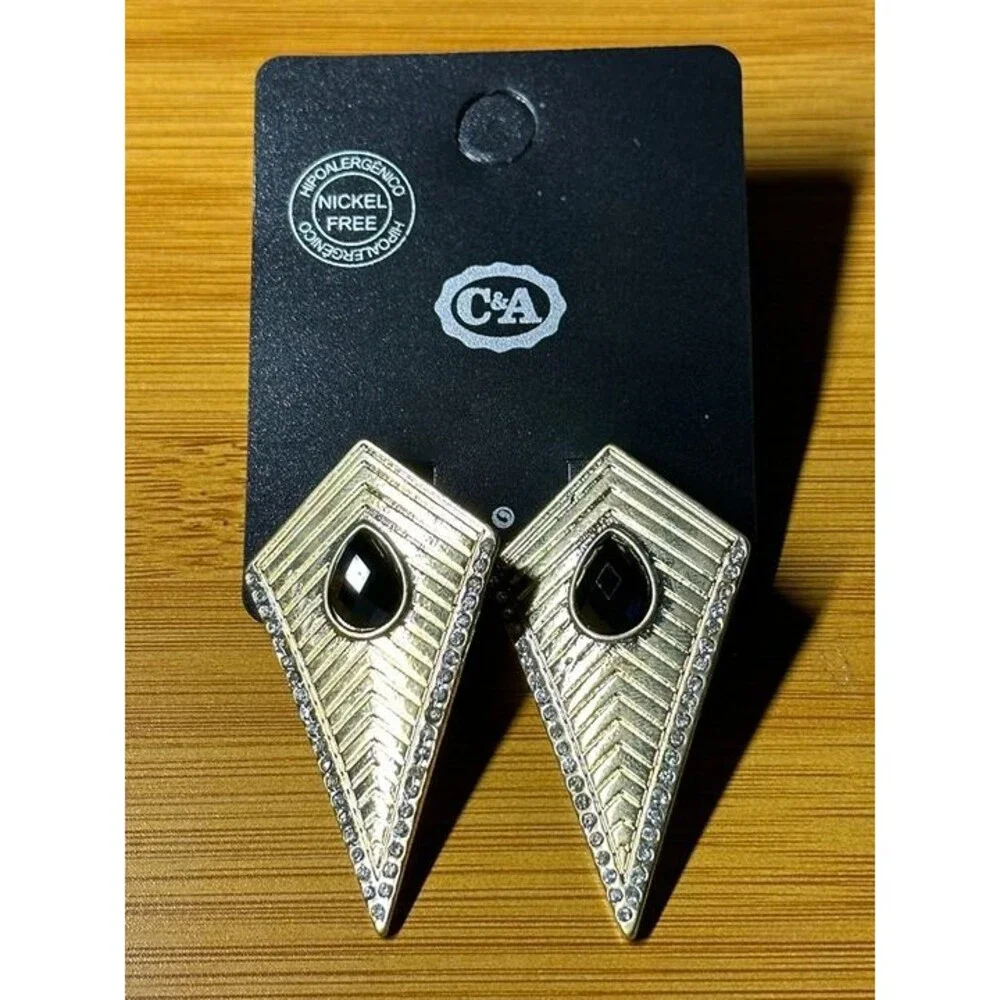 C&A Gold Tone Geometric Kite Dagger Drop Earrings Black Stone Rhinestone New